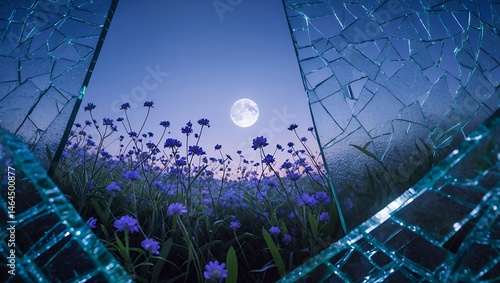 Flower field view through broken glass at night with full moon