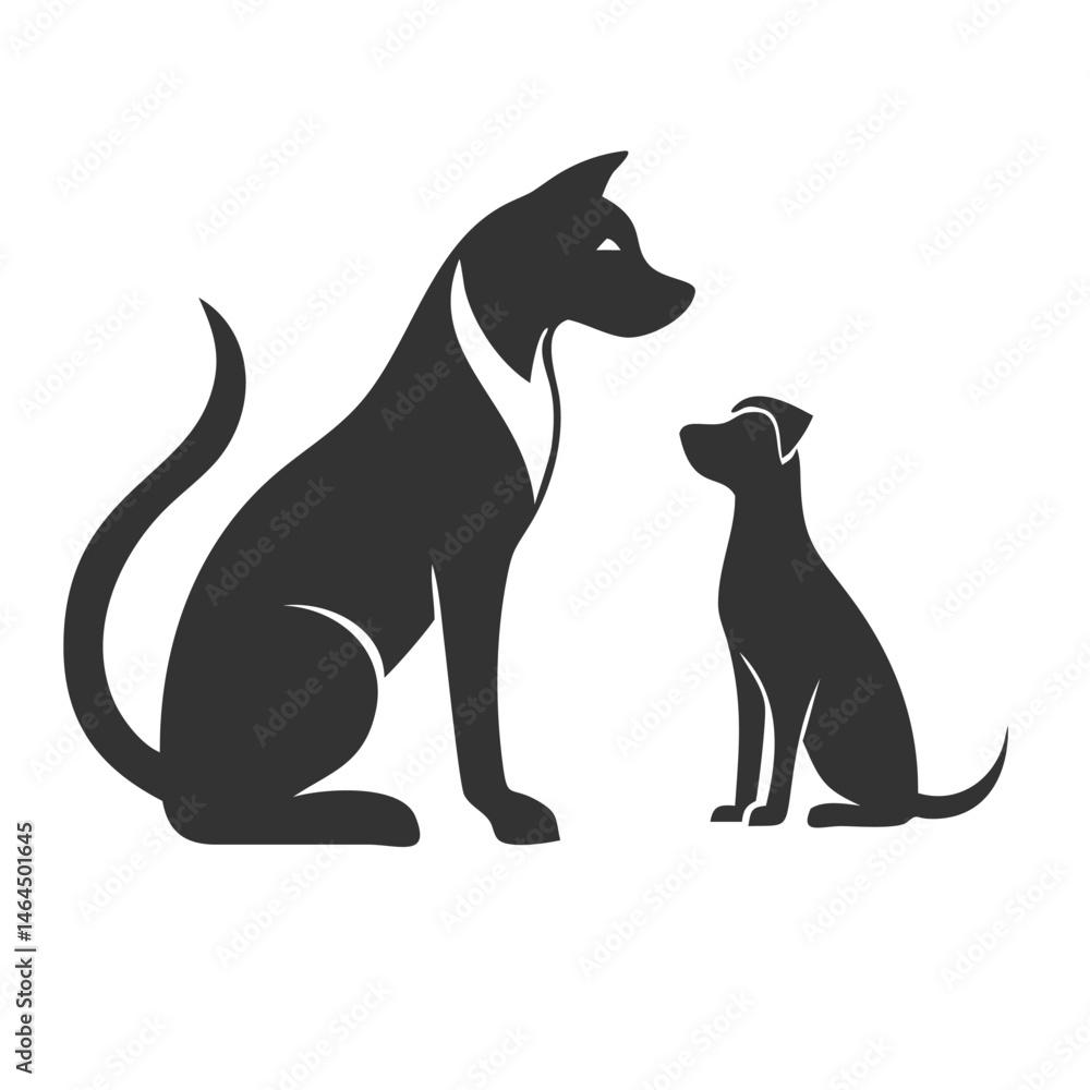 Minimalist silhouette of two dogs, one large and one small, facing each other. The sleek contrast emphasizes size difference and companionship, perfect for pet-related designs. Minimalist silhouette of two dogs, one large and one small, facing each other. The sleek contrast emphasizes size difference and companionship, perfect for pet-related designs.