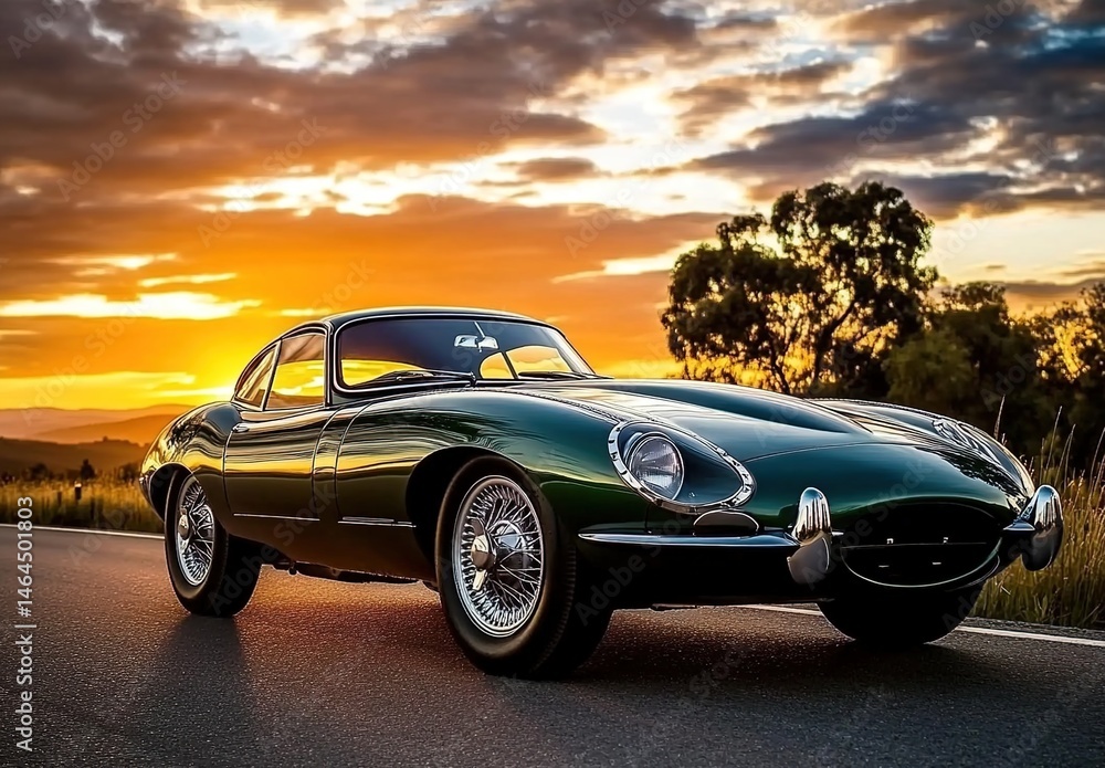 Naklejka premium A green classic convertible sports-car driving on a road at sunset.