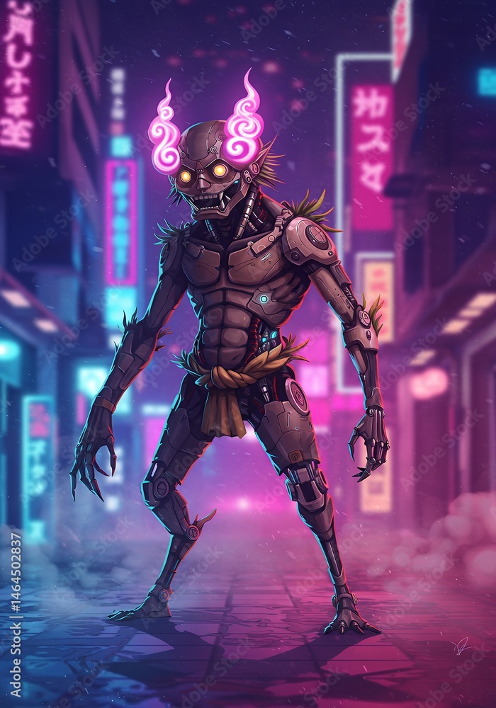 Naklejka premium AI, yokai, vector, lineup, characters, cyber, enhanced, tech, mythical, digital, forest, background, dark, futuristic, creature, group, character design, illustration, robotic, eyes, neon, spirit, tra