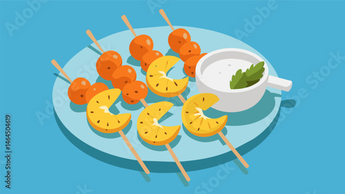A platter of grilled shrimp skewers with a zesty lemon and herb marinade served with a side of creamy remoulade sauce.. Vector illustration
