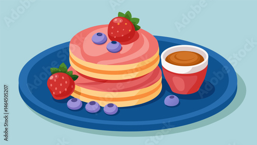 A mouthwatering arrangement of warm pancakes juicy strawberries and a velvety blueberry yogurt dip on a morning snack platter.. Vector illustration