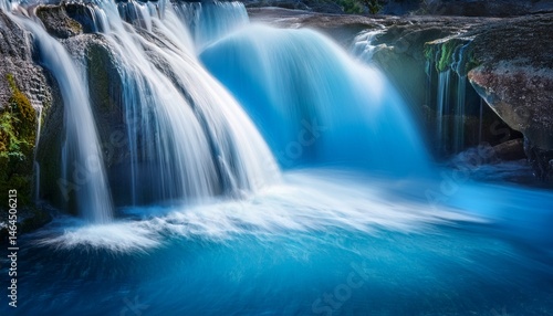 a cascading waterfall frozen in motion abstract blue water background