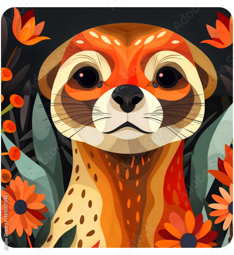 a colorful illustration of a meerkat surrounded by vibrant flowers and leaves. The meerkat has a mix of red, orange, and brown colors with a distinctive pattern on its face and body. 