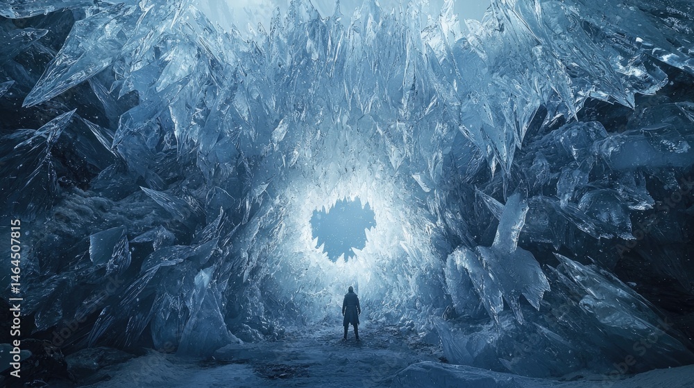 Fototapeta premium Frozen cavern interior with a solitary figure.
