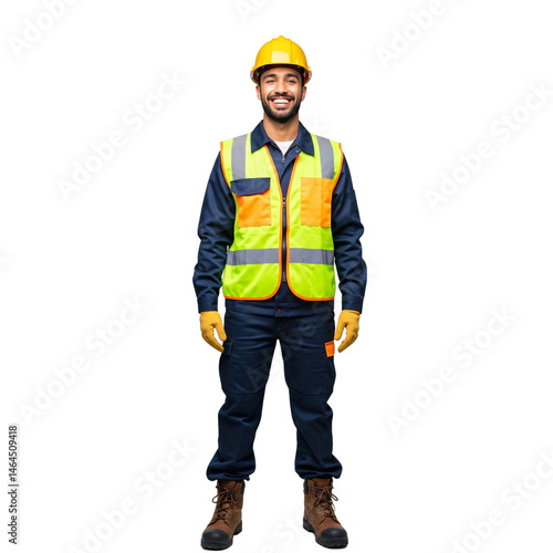 Portrait of a smiling construction worker in uniform and wearing a helmet, isolated on white background