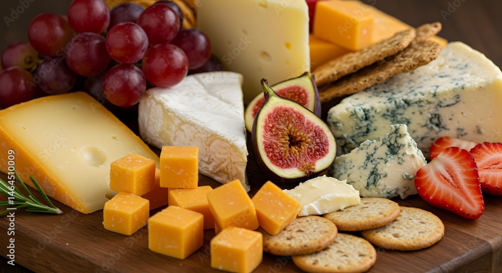 Fototapeta premium Delicious cheese board platter with assorted cheeses fruits and crackers gourmet food photography shot