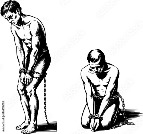 Chained Male Slaves Historical Vector Set –  Prisoners in Shackles, Bound Men in Captivity, Vintage  Engraving Style Illustrations Depicting Slavery and Human Bondage Scenes , transparent background.