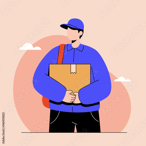 Delivery person standing confidently holding package with messenger bag in soft background and copy space
