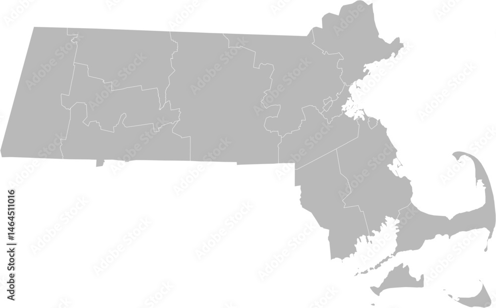 Obraz premium Massachusetts vector map with county boundaries (Web Mercator projection, PPT-compatible & fully editable)