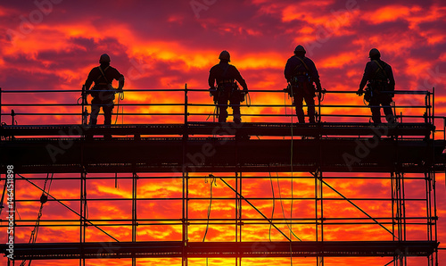 Silhouetted construction workers on scaffold at sunset