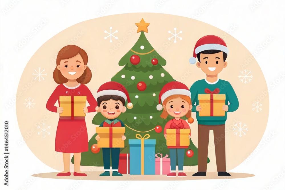 Portrait of a happy family holding hands and exchanging gifts in a festive home setting. Portrait of a happy family holding hands and exchanging gifts in a festive home setting.