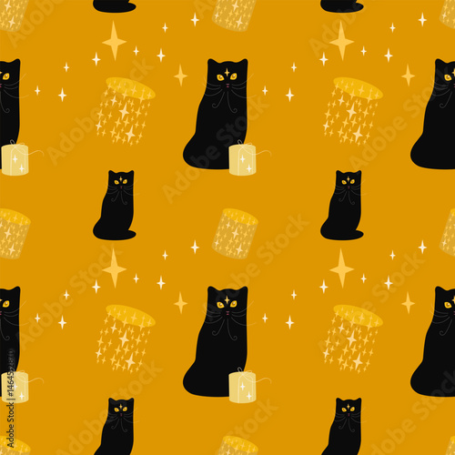 Vector seamless pattern with kittens, black cats, stars, paper lanterns. Cute pattern, background with pets .vector seamless halloween pattern with black cats, lanterns and stars.