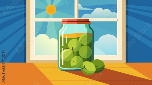 A jar of olives and pickles sitting on a sunny windowsill soaking up the warm rays.. Vector illustration