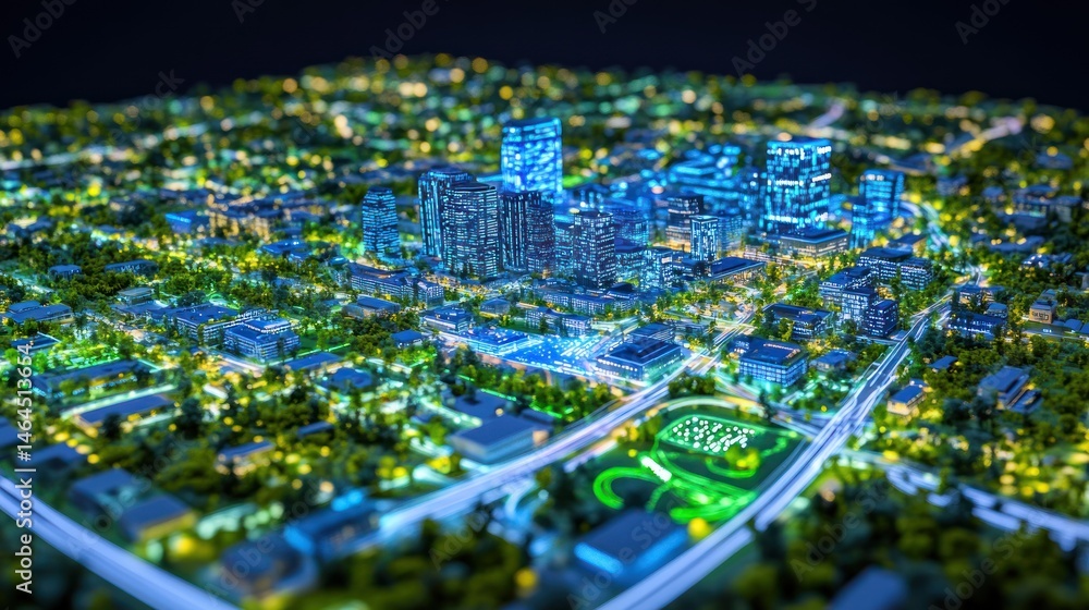 Obraz premium Night city model aerial view of illuminated urban development