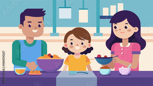 A familyfriendly environment with a kidfriendly cereal bar where little ones can create their own breakfast bowls.. Vector illustration