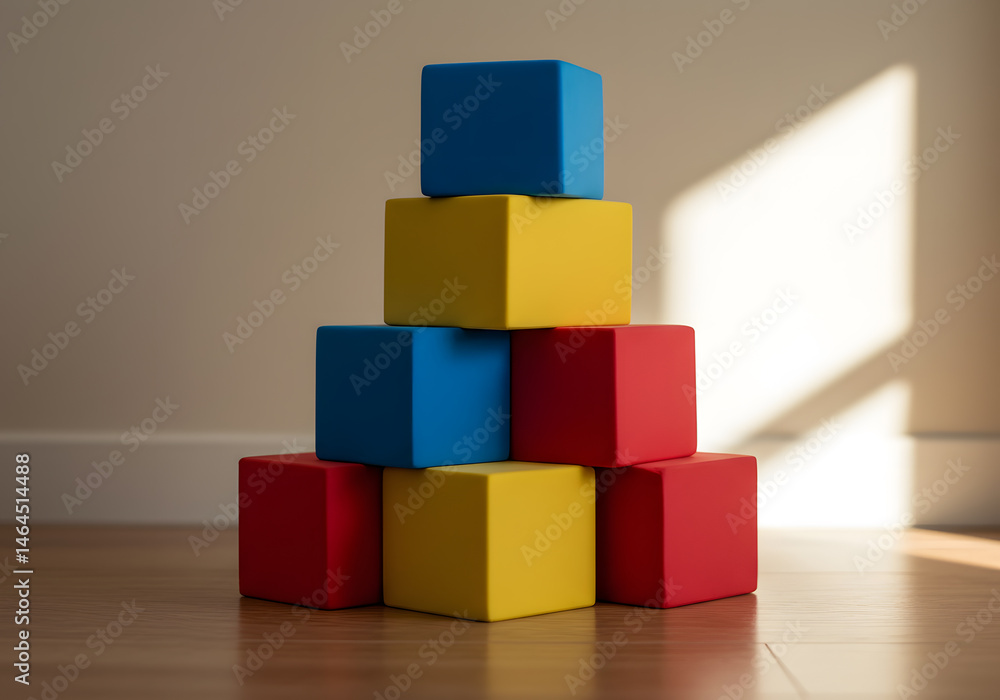 Obraz premium Colorful Foam Blocks Pyramid Stacked on Wooden Floor in Sunlight