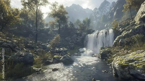 Waterfall flowing through lush green forest landscape