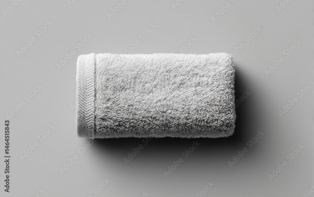 Obraz premium Folded white towel on a plain gray surface. A soft, absorbent towel, rolled and ready for use. Neatly folded, showcasing its texture