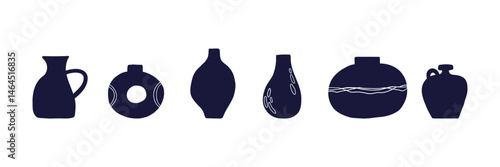 Set of silhouette vintage ceramic vases and teapots. Decorative pottery elements in a minimalist flat style. Ideal for interior design, antique shop decor, or packaging