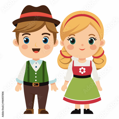 Adorable Cartoon Bavarian Children in Traditional Costumes
