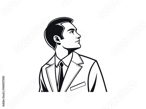 A thoughtful businessman in profile, looking upward. Retro Style Illustration, black and white profile illustration of a man in a suit, man, businessman, profile, suit, tie, formal wear, vintage, clas
