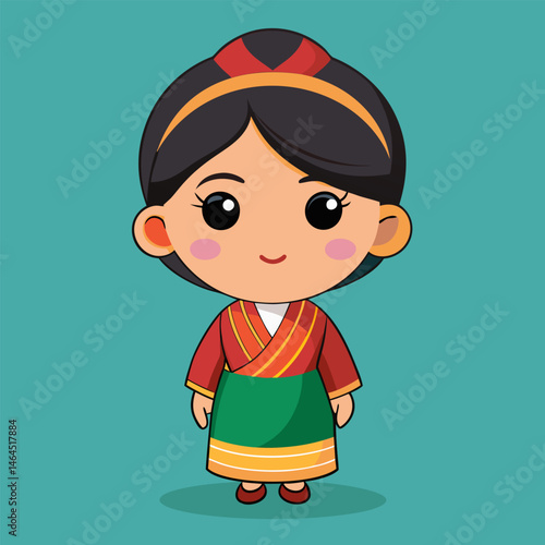 Adorable Bhutanese Girl in Traditional Kira. A Charming Cartoon Illustration