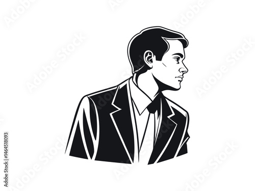 A thoughtful businessman in profile, looking upward. Retro Style Illustration, black and white profile illustration of a man in a suit, man, businessman, profile, suit, tie, formal wear, vintage, clas