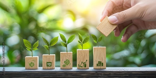 Hand Positioning Wooden Blocks with Business Icons Representing Growth and Success in a Contemporary Office Setting with Greenery in Background
