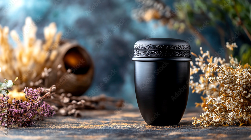 Marble memorial urn for funeral ash. Concept of death and grief. Funeral urn holding ashes of the dead. Memorial vase for a ceremony