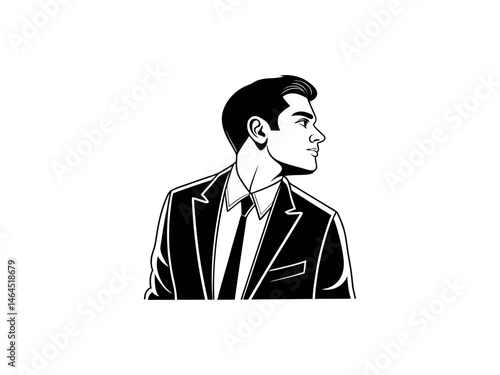 A thoughtful businessman in profile, looking upward. Retro Style Illustration, black and white profile illustration of a man in a suit, man, businessman, profile, suit, tie, formal wear, vintage, clas