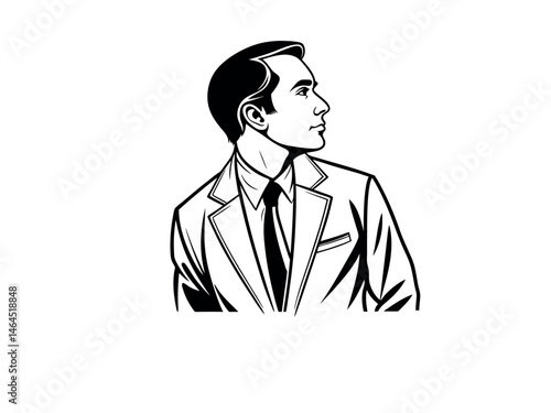 A thoughtful businessman in profile, looking upward. Retro Style Illustration, black and white profile illustration of a man in a suit, man, businessman, profile, suit, tie, formal wear, vintage, clas
