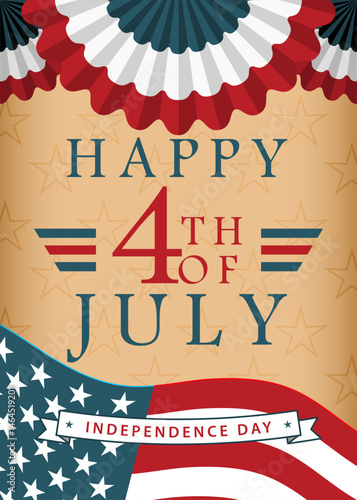 Happy 4th of July background with US national flag, pleated fan banners and stars. Vector illustration.