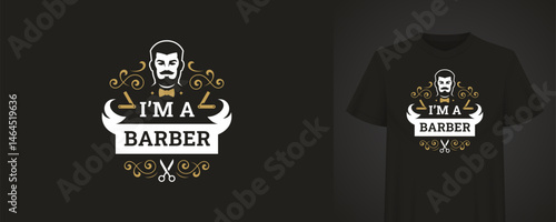 Elegant black t-shirt featuring stylish barber design with a vintage-inspired illustration of a man with a beard, scissors. Perfect for barbershop branding or fashion enthusiasts. Vector illustration