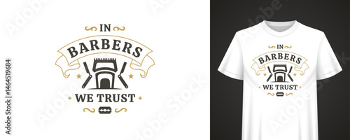 Retro quote design featuring hair clipper, straight razors, stars, and bold lettering in an emblem style, perfect for apparel and barbershop branding. Vector illustration