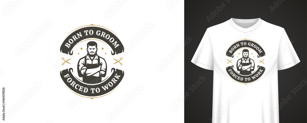 Naklejka premium Stylized barbershop emblem with male barber figure, quote banner and scissors icon, ideal for apparel branding, t-shirt design, and barbershop promotion. Vector illustration
