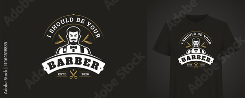 Retro barber logo featuring a stylized man with beard, bow tie, and scissors, combined with a vintage quote and year. Perfect for barbershop branding or fashion prints. Vector illustration