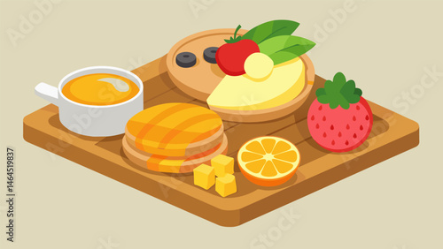 A comforting breakfast treat with bitesized pancakes assorted tropical fruits and a luscious mango yogurt dip on a wooden board.. Vector illustration