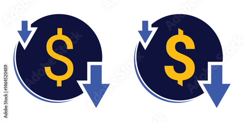 Cost reduction icon vector. Dollar sign with downward arrow to symbolize falling costs or discounts. EPS 10 editable vector strokes