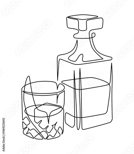 Whiskey glass and bottle line art. Whiskey line drawing. Simple, elegant & luxury aesthetic. Editable stroke. Vector illustration isolated on transparent background.