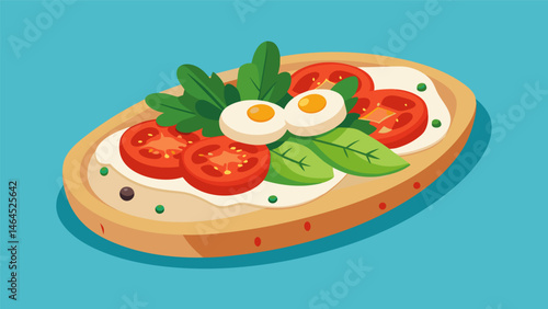 A Mediterranean twist on bruschetta with toasted pita hummus and fresh veggies.. Vector illustration