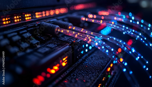 Glowing Fiber Optic Cables in Server Room