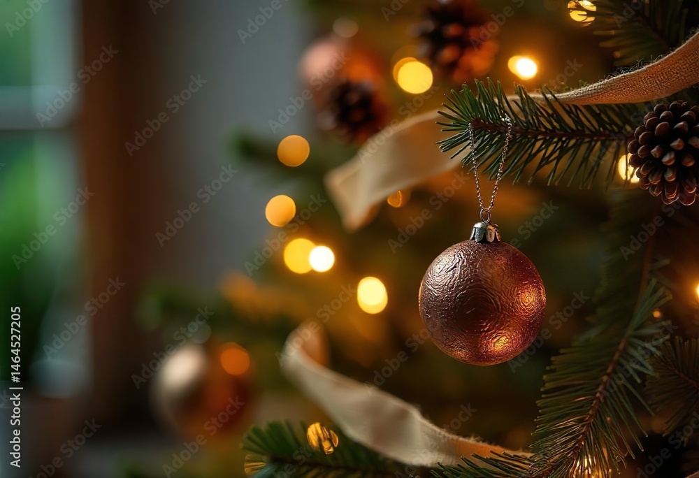 Close-up of a lush Christmas tree decorated with colorful lights and tinsel in a vibrant living room, close up ornament hanging on tree, with hardwood floors, autumn afternoon.