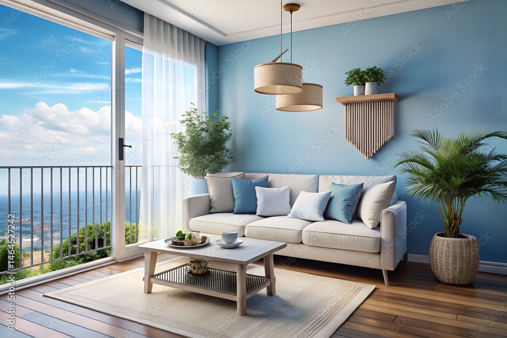 Fototapeta premium minimalist Home Interior balcony with blue tones. sunny morning