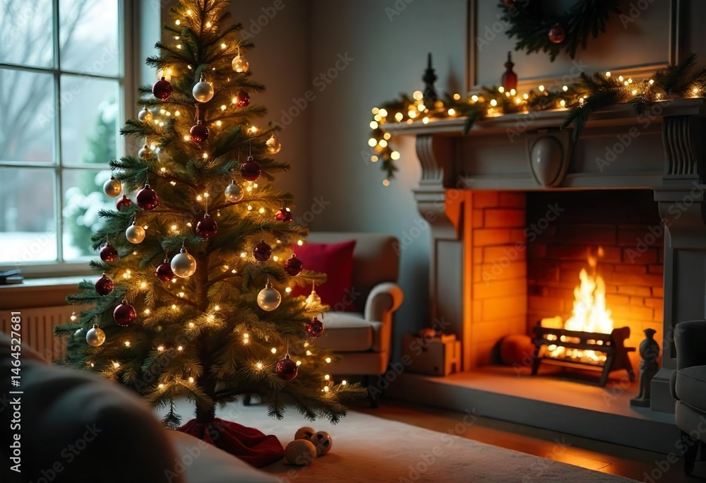 Close-up of the modern Christmas tree with simple decorations in a brightly lit living room decorated with Christmas decorations,sunlight flowing through the window, Scandy's design, fireplace in room