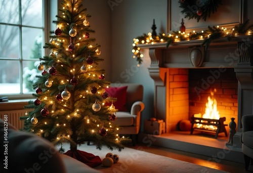 Obraz na płótnie Close-up of the modern Christmas tree with simple decorations in a brightly lit living room decorated with Christmas decorations,sunlight flowing through the window, Scandy's design, fireplace in room w salonie