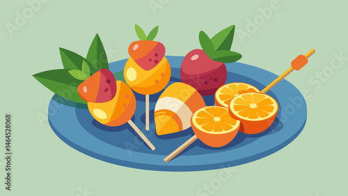 A platter of bitesized fruit skewers garnished with a touch of honey and mint leaves for a hint of sweetness.. Vector illustration