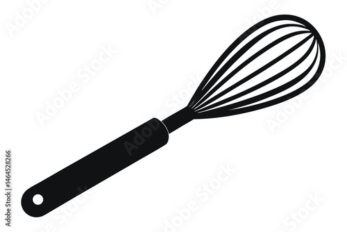 A black whisk with metal wires and a long handle is prominently displayed