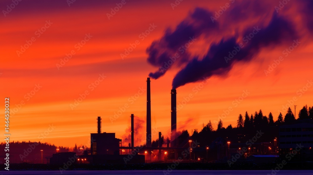 Industrial landscape at sunset with smokestacks releasing smoke against a vibrant sky Industrial landscape at sunset with smokestacks releasing smoke against a vibrant sky