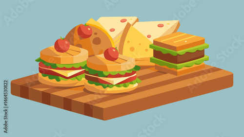 A display of sandwiches meticulously crafted with gourmet ingredients and presented on a wooden board for a rustic touch.. Vector illustration